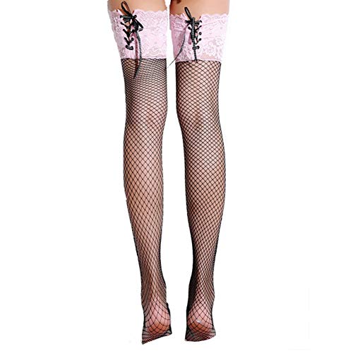 VicSec Womens Fishnet stockings Lace Top Thigh High Stocking Sexy Seam Back Tights Hold Ups Stay Up Nets Hosiery stylish - One Size - Pink