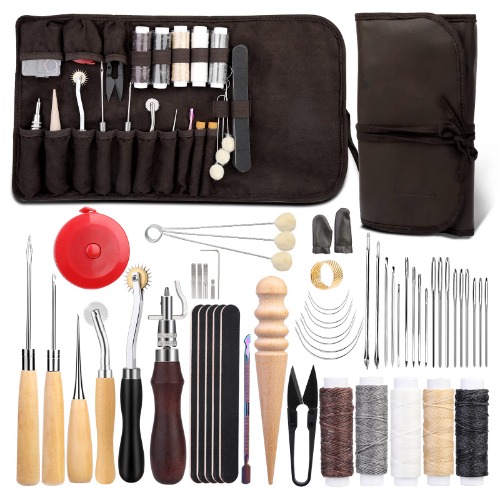 NAMOON 55 Pcs Leather Sewing Kit Leather Working Tools Set DIY Leather Craft Tools with Wool Daubers, Sewing Awl, Stitching Groover, Waxed Thread, Leather Tool Kit for DIY Leather Craft Making