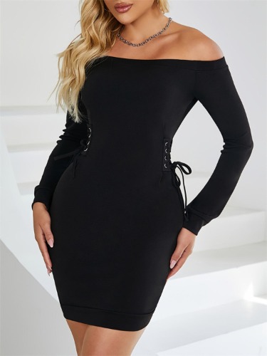 Lace-Up Off Shoulder Long Sleeve Mini Dress - Black / S