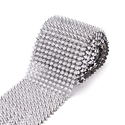 Pandahall 2 Yards Sew Stitch On Spike Silver Stud Cone Flatback Spike Studs Rivets Punk Rock Trim Ribbon Mesh Bead for Clothing Performance Arts and Crafts Decoration - Silver - 100mm x 2 yards