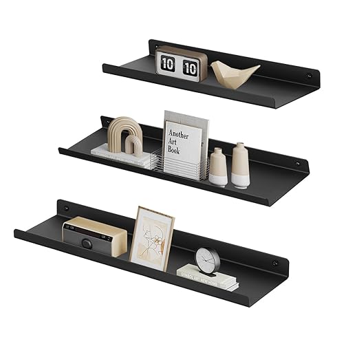 SONGMICS Metal Wall Shelves, Set of 3, Floating Shelves, Industrial Style, Decorations, Photo Frames, Trinkets, 6 Screws Included, Multiple Arrangements, Black LFS12BK