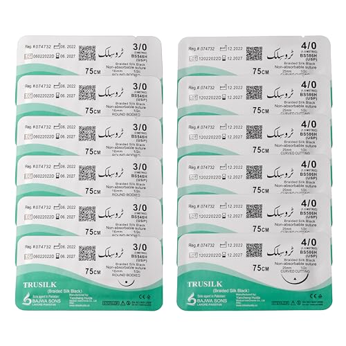 Silk Suture Threads 12 PCS Including 3/0 and 4/0 Best Braided Silk Black Suture Practice Thread For Medical Students Doctors Dental Nurses and Veterinarians | Suture Kit Add-on - 12 Pcs Thread