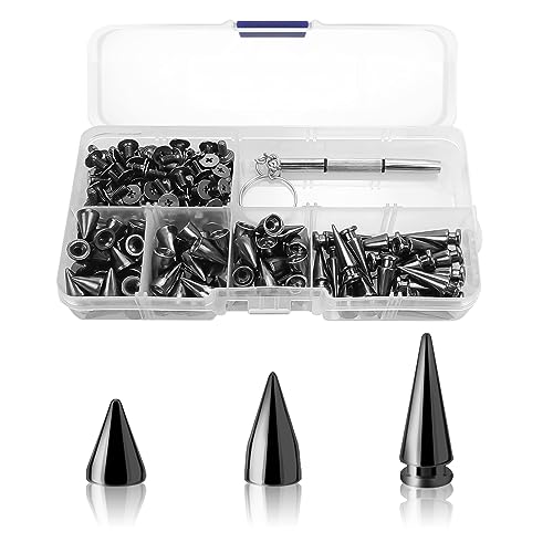 100pcs Spikes Studs 7mm Metal Cone Spikes Rivet, Punk Rock Screw Back Studs for DIY Bags Clothing Leather Craft Bracelet Necklace, with Screwdriver (Black, 3 Size) - Blackφ7mm