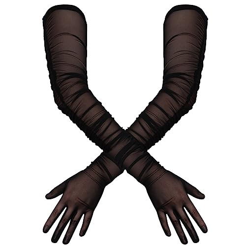 TOYMIS Women's Super Long Gloves, 1920s Sexy Sheer Gloves Elegant Long Opera Gloves Mesh Tulle Gloves Dance Gloves for Costume Party Halloween Evening - Black