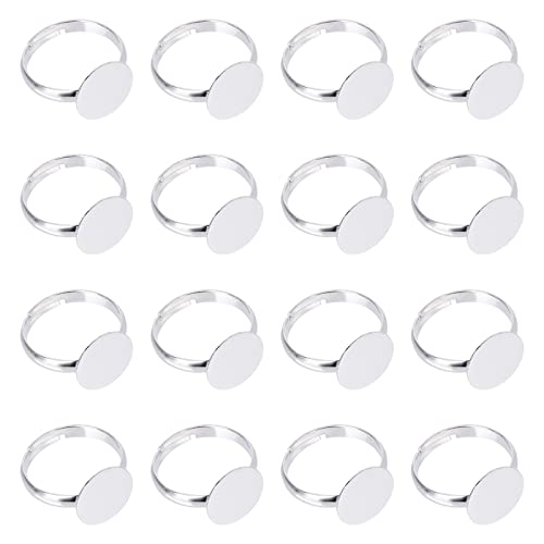 PH PandaHall 50pcs Brass Pad Ring Bases for Ring Making, 12mm Adjustable Cabochon Finger Ring Bases Components Findings Silver Ring Base Findings for Ring Jewellery Making