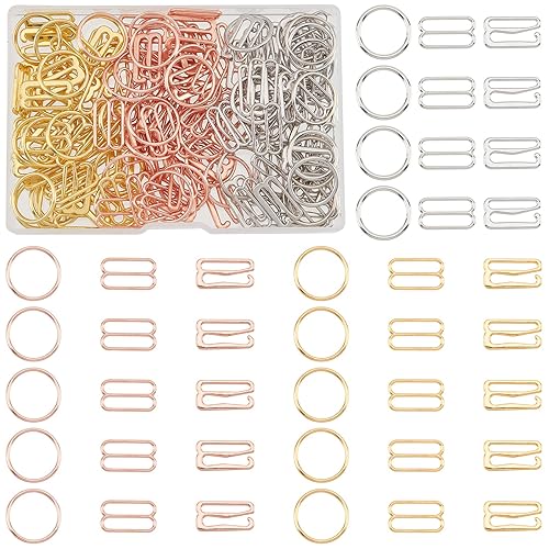 NBEADS 180 Pcs Bra Strap Hooks, 3 Styles and Colors Metal Lingerie Adjustment Strap Slides Clips Clasp Hooks for Bra Nightgowns Slip Dress Swimsuit - Gold Silver Pink-3 Styles