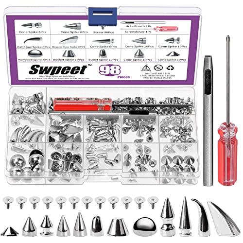 Swpeet 96 Sets 12 Styles Silver Mixed Shape Spikes and Studs Metal Screw Back Bullet Cone Studs and Spikes Rivet Leather Rivets Kit with Install Tools for DIY Craft Leather Craft Repairs Decoration - Silver