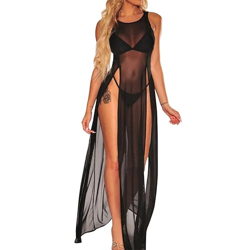 Women Summer Beach Bikini Cover Up, Mesh Swimwear Skirt Tops, Sheer Swimsuit Scoop Neck Tank Maxi Dress Chiffon Beachwear Coverup See Through Blouse Loungewear for Ladies Bodycon Clubwear Sundress - Black