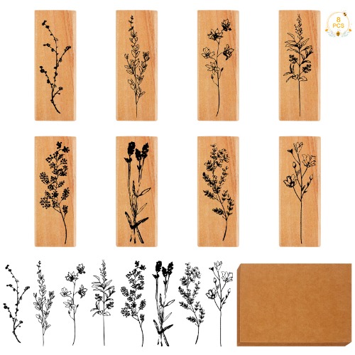 8PCS Wooden Printing Stamps with 20 PCS Kraft Postcard, Vintage Wooden Rubber Stamps Plant and Flower Decorative Scrapbook Rubber Stamps for Card Making Scrapbooking DIY Crafts