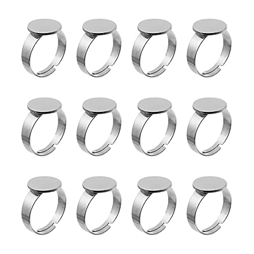 Healifty 20Pcs 12mm Ring Blank Bases Stainless Steel Plated Flat Ring Adjustable Cabochon Ring Bezel Blanks Round Finger Ring Trays for DIY Jewelry Making (Silver)