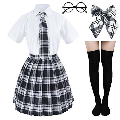 Elibelle Japanese tartan pleated school uniform cosplay costumes with socks eyeglass frame set - Small--Tag L - Black
