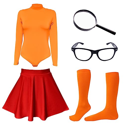 ATAMET Halloween Costume for Women,Sexy Long Sleeve Leotard Turtleneck Tops Bodysuit,Skater Skirt,Magnifying Glass,Socks - Small - Orange&red