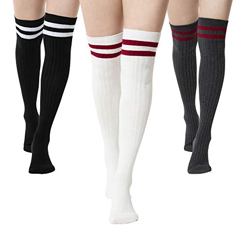 SERICI Thigh High Socks | Womens Striped Cotton Thigh High Tube Sock | Over Knee Boot Socks - Black, Grey, White W Stripes