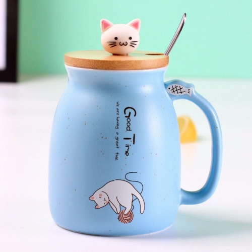 Adorable Cat Cartoon Ceramic Coffee Mug - Blue