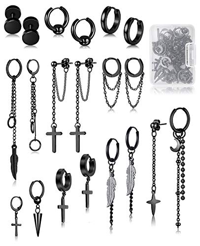 FIFATA 20 Pieces Chain Hoop Earrings Moon and Star Drop Earrings Cross Stainless Steel Hinged Pendant Eboy Earrings for Men Women - Black