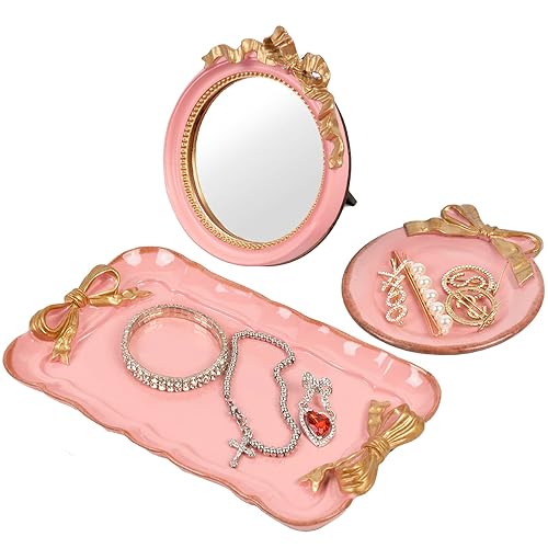 Perfume Vanity Tray Coquette Decor - 3 Pcs Decorative Perfume Tray Set, Jewelry Tray & Bow Makeup Mirror & Vanity Tray, Gold Perfume Tray Organizers, Coquette Vintage Decor for Room Bathroom, Pink - Square Tray Pink