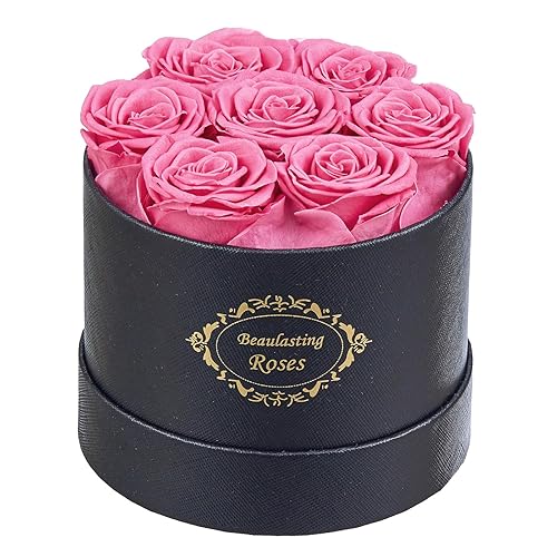 Beaulasting Long Lasting Preserved Roses in a Box Last a Year Forever Flowers for Her Mom Wife Anniversary Birthday (Round Black Box, Pink) - Pink
