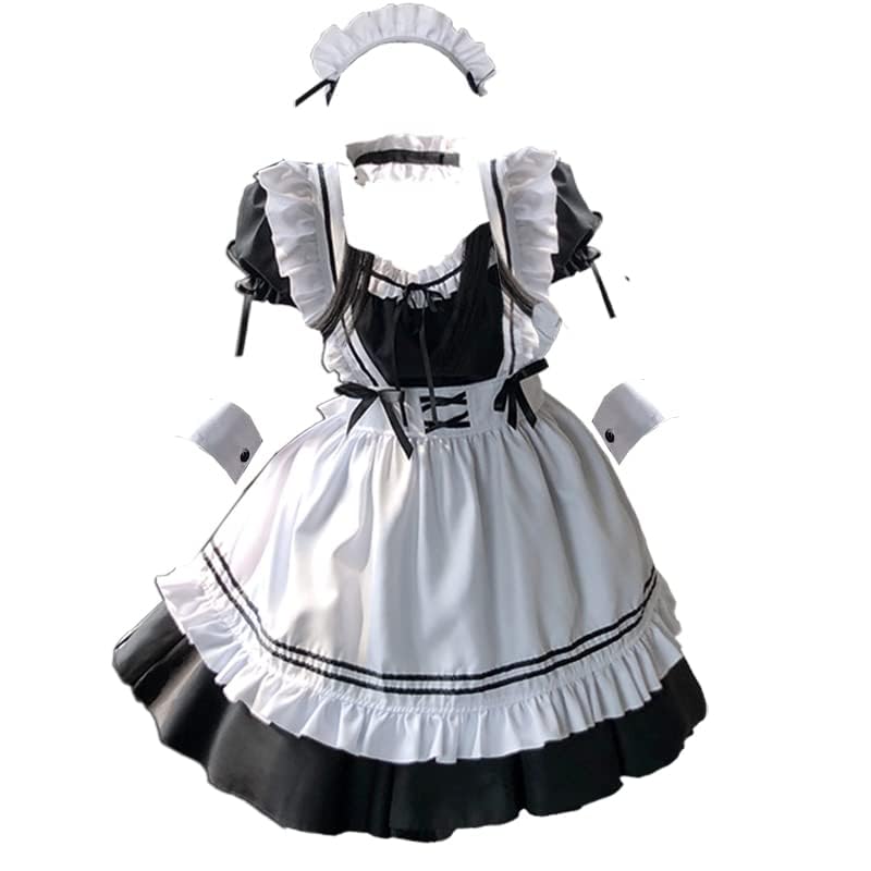 CarolynDesign Japanese Girl Anime Cosplay Costume Maid Ladies French Apron Apparel Set Sailor School JK Clothing - Large - Black
