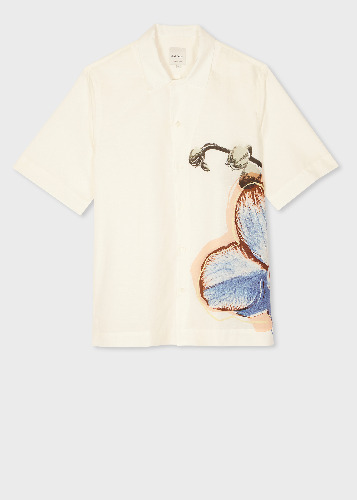 White Linen-Cotton 'Orchid' Print Short-Sleeve Shirt