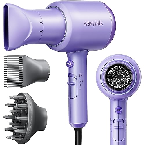 Wavytalk Ionic Blow Dryer with Diffuser - Professional 1875W Hair Dryer for Women, Constant Temperature, Comb for Fasting Drying, Light and Quiet, Purple - Purple Lavender (Comb+diffuser+nozzle)