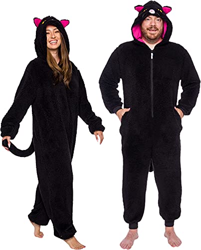 Funziez! Slim Fit Sherpa Adult Onesie - Animal Halloween Costume - Plush One Piece Cosplay Suit for Women and Men - Large - Cat