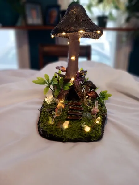 Fairy gnome witch mushroom enchanted cottage-core light up sculpture, handcrafted enchanted fantasy home decoration.