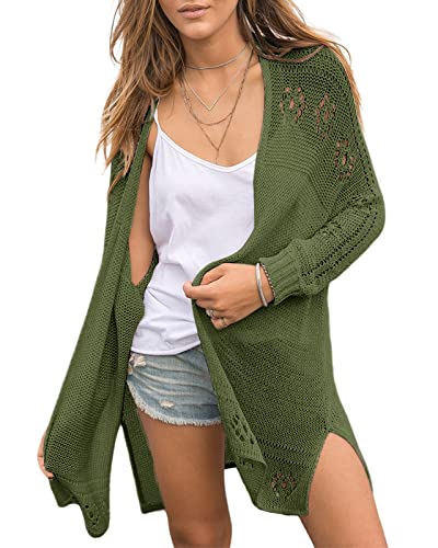 Misassy Womens Open Front Knit Sheer Cardigans Summer Boho Lightweight Long Sleeve Kimono Long Sweater - Medium - Army Green