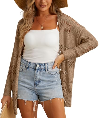 GRECERELLE Womens 2024 Summer Crochet Cardigan Sweaters Long Sleeve Boho Oversized Open Front Outwear - Medium - Dark Khaki