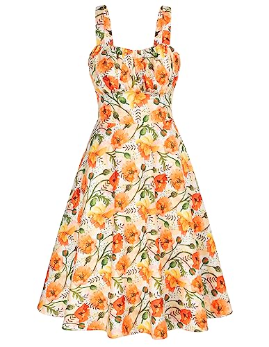 Belle Poque Women's Vintage Sleeveless Solid Floral Ruched Summer Cute A-Line Flowy Swing Midi Dress - Medium - White-yellow Floral