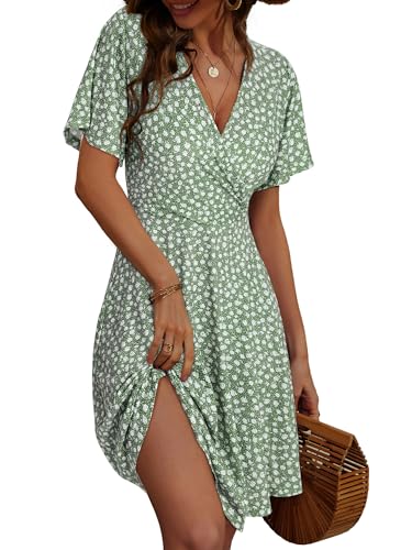 FENSACE Womens Sundress Summer Floral Short Sleeve Wrap V Neck A-Line Midi Dress - Large - Floral-32