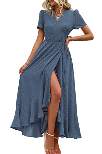 PRETTYGARDEN Women's Summer Wrap Maxi Dress Casual Boho Floral V Neck Short Sleeve Ruffle Hem Split Beach Long Dresses - Z_blue - Medium