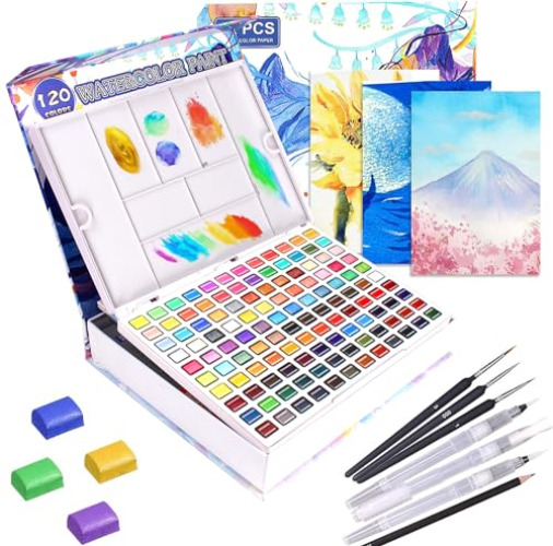 Gunsamg Watercolor Paint Set 120 Colors In Portable Box With Palette Including 12 Fluorescent Colors 15 Macron Colors And 33 Metallic Colors For Artists Adults - 120 Colors
