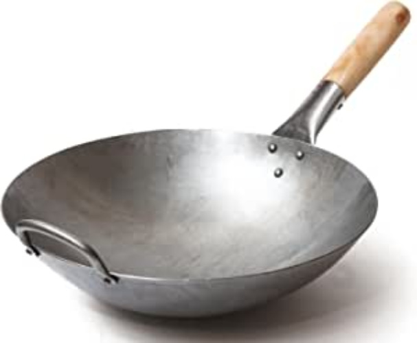 Craft Wok Traditional Hand Hammered Carbon Steel Pow Wok with Wooden and Steel Helper Handle (12 Inch, Round Bottom) / 731W88-12in - 12-inch