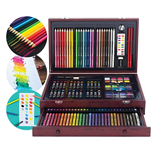 Art 101 Doodle and Color 142 Pc Art Set in a Wood Carrying Case, Includes 24 Premium Colored Pencils, A variety of coloring and painting mediums: crayons, oil pastels, watercolors; Portable Art Studio - Multicolor