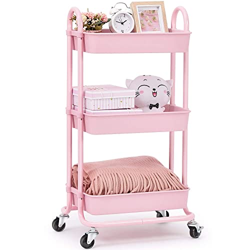 KINGRACK Storage Trolley Cart, 3 Tier Rolling Multi-Purpose Organiser, Organizer with Handles, Utility Cart Lock Wheels, Serving for Home, Office, Kitchen, Bathroom - Pink