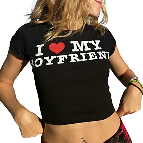 Women Girls Y2k Crop Top Long Sleeve I Love My Boyfriend Shirt Graphic Letters Heart Print Baby Tee Cute Funny T-Shirt - Sweet Black 3 - M