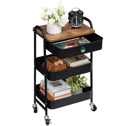 DOEWORKS Metal Storage Cart with Drawer 3-Tier Rolling Trolley Cart, Utility Shelves with Wheels for Kitchen Room Bathroom Office, Black - Black-drawer2