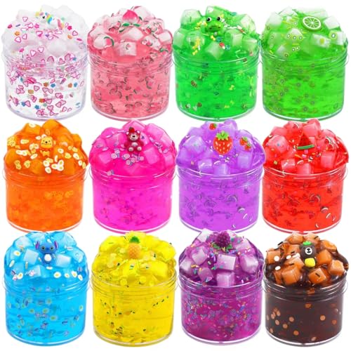 Clear Jelly Crunchy Slime Kit, 12 Packs Slime Kits for Girls, Non Sticky Slime Set for Kids, DIY Premade Crystal Glue Boba Slime, Super Soft Sludge Toy - 12 Pack