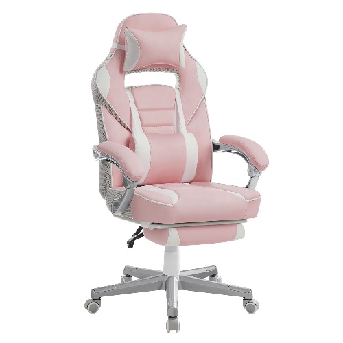 SONGMICS Bureaustoel, gamingstoel, verstelbaar, telescopische voetensteun, kantelmechanisme, hoofdsteun, lendensteun, belasting 150 kg, snoeproze en crèmewit OBG073P01 - pastelroze + crèmewit