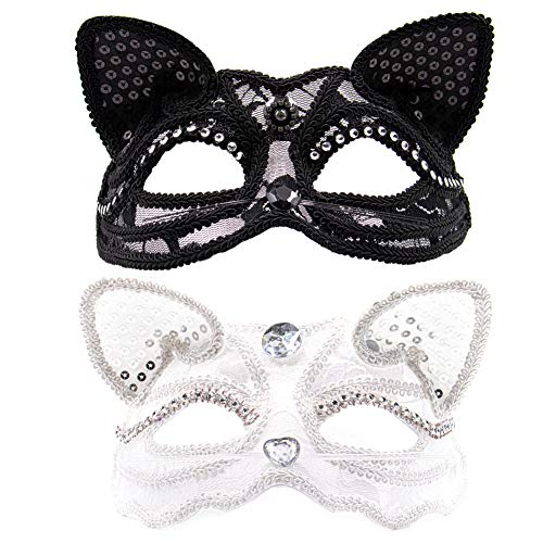 AUEAR, Cat Masquerade Mask Luxury Sexy Cat Mask with Beads Decoration Venice Style Half Face Ball Mask Womens Costume Mask - 2 Pack - Black & White