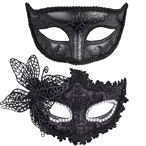 SIQUK Couple Masquerade Masks Set Venetian Party Mask Plastic Halloween Costume Mask Mardi Gras Mask for Women and Men - Butterfly Black