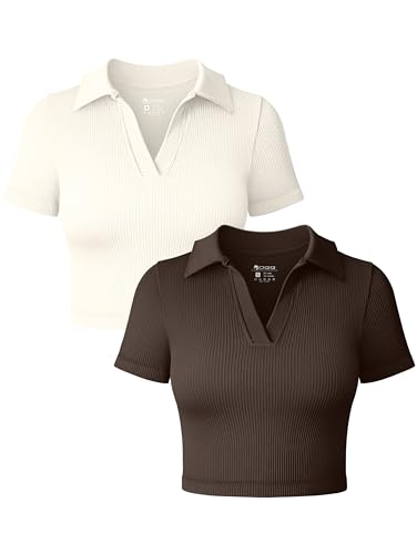 OQQ Women's 2 Piece Crop Tops Short Sleeve Stretch Yoga Classic-Fit Shirts Basic Tops - Small - Darkbrown,beige