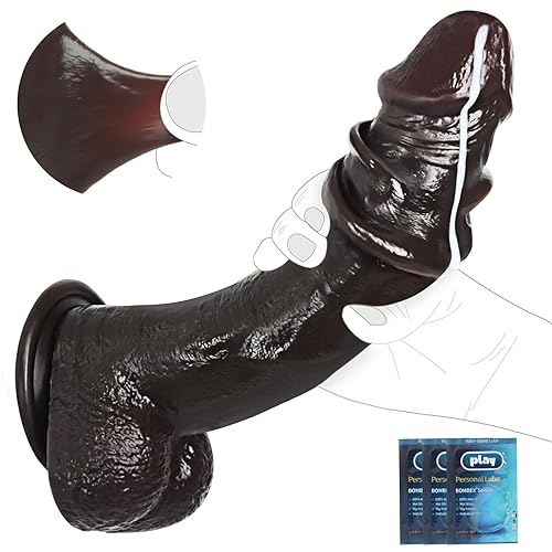 Huge Dildo,10.5 Inch Realistic Movable Foreskin Black Dildos,Long Thick Penis Dildo Adult Sex Toys for Women,Double Liquid Silicone Big Black Cock,Strong Suction Cup Anal Dildos for Hands-Free Play - Black