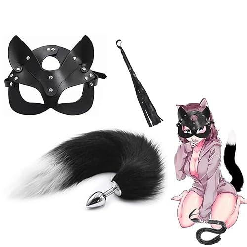 Fox Mask Plush Tail Anal Plug Metal Anus Bead Butt lash Half Cat Mask Party Sexy Adult Whip Stimulator Sex Toys for Women's Leather Costume Cosplay Fetish Restrain