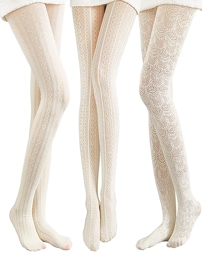 JaGely 3 Pairs Womens Fishnet Hollow Out Knitted Tights Patterned Lace Stockings Vertical Strips Pantyhose - One Size - Classic Style