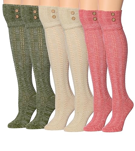 Tipi Toe Women's 3-Pairs Winter Warm Knee High/Over The Knee With Buttons Cotton-Blend Boot Socks - 9-11 - Olive, Oatmeal, Salmon