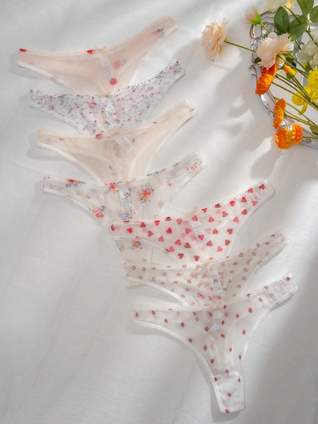 7pack Floral Print Mesh Thong