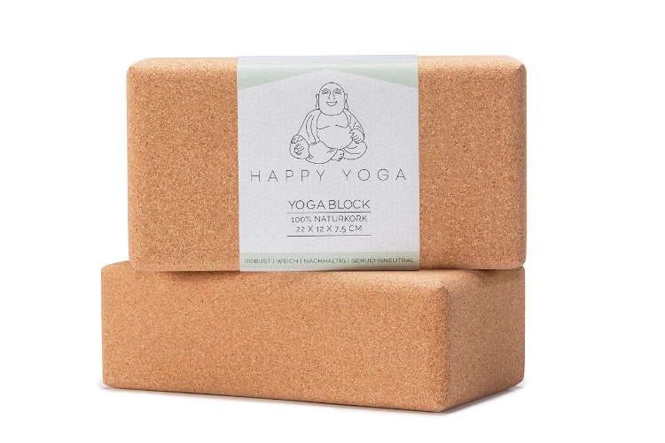 Happy Yoga 2er Set Yogablock 100% Naturkork und vegan | Yoga Block ökologisch hergestellt in Portugal | Yogaklotz für Pilates, Yoga, Fitness und Meditation | Korkblock für Anfänger und Fortgeschrittene - 2er Set - feine Struktur - 22 x 12 x 7,5 cm