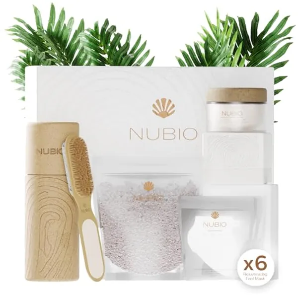 Nubio Foot Spa Collection for Women & Men - Exotic Hydration & Pampering for Dry Feet - Includes 6 x Foot Peel Masks, 2lb Epsom Salt Foot Soak, 5oz Moisturizing Milk, & All-in-1 Pedicure Paddle
