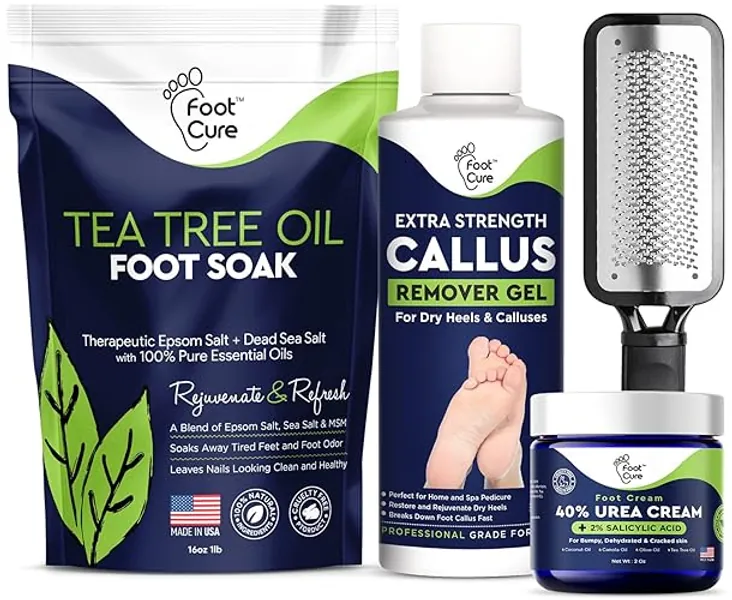 Foot Cure Foot Care/ Exfoliator & Callus Remover Pedicure Set – Includes Foot File for Dead Skin, Tea Tree Oil Foot Soak Salts, Urea Cream 40 Percent & Foot Callus Removal Gel – Made in USA - 4in1- Tea Tree Combo